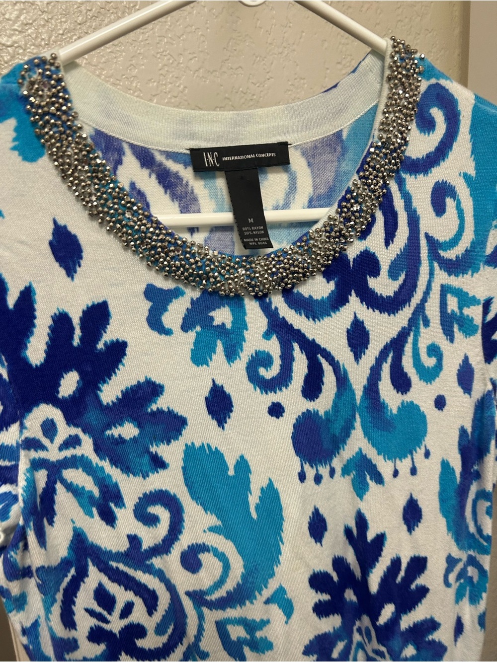 INC International Concepts Beaded-Neck Blue & White Printed Top